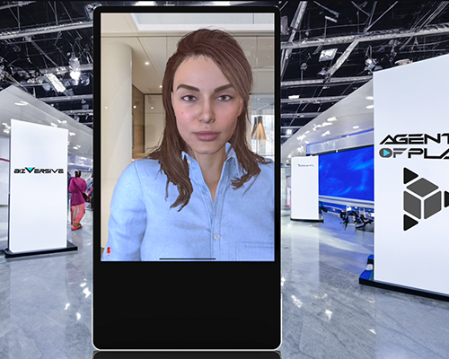 Conversational AI character on a digital kiosk in a virtual expo hall